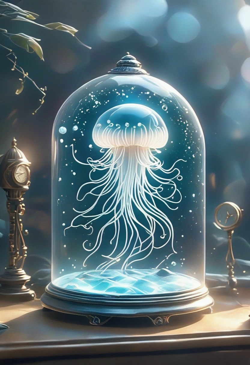 There is a mechanical jellyfish in the glass cabinet，Mechanical Backbone，There is a clock inside, Victorian Era， Art Nouveau Octane Rendering, Cyberpunk Jellyfish, author：Alexander Giemsky,, 8k high detail concept art, Rudolf Berarsky, Magic Lab Setup, object concept art, Houdini visual effects, Alexander Kucharsky