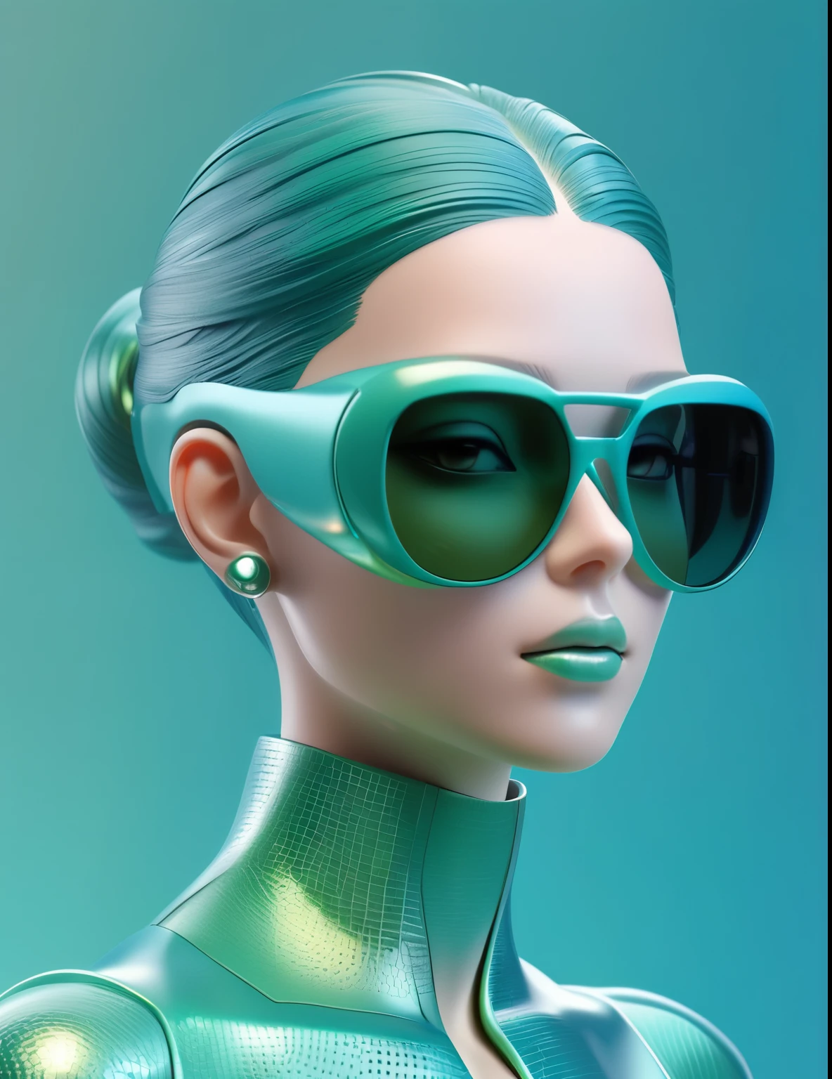 3D illustration of the upper body and face of an artificial intelligence model wearing futuristic glasses, Stylish sunglasses,Gradient Background, Pastel Color Palette, Blue Green, Simplicity, Cold metal texture, Surrealism, Earrings, Perm