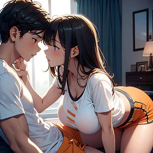 Amazing portrait of a young woman wearing white and orange striped t shirt and orange shorts and young boy wearing a navy blue t shirt and black shorts sitting on a bed together and kissing and making out passionately in a sexy and hot and lustful setting,boy touching girl's big breasts , boy pressing girl's big breasts,girl not wearing anything.