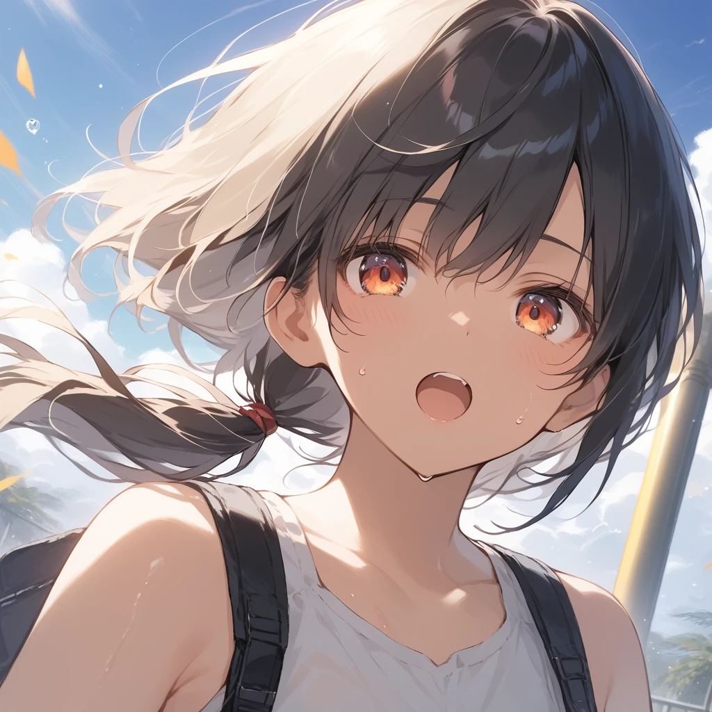 score_9, score_8_up, score_7_up, source_anime, best quality, masterpiece, official art, absurdres, highres, ultra-detailed,waifu2x,Collection: Slice of Life,break,1girl, tomboy, dark-skinned female, short hair, low ponytail, flat chest, beautiful detailed eyes, shorts, sweat, open mouth, (yawn:0.3), sleepily, outdoors, wind,break,(clear line illustration:1.2), super detailed skin,very high resolution, very aesthetic, Best sexual lighting powered by famous artist, 8k,cute picture,beauty illustration,photoshop_(medium),,(Detailed Lighting),best anime 8k konachan wallpaper, pixiv contest winner,