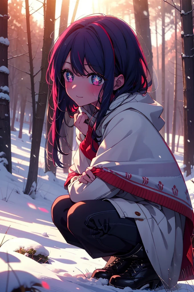 aihoshino, Ai Hoshino, Long Hair, bangs, (Purple eyes:1.1), Purple Hair, (Symbol-shaped pupil:1.5), smile,,smile,blush,white breath,
Open your mouth,snow,Ground bonfire, Outdoor, boots, snowing, From the side, wood, suitcase, Cape, Blurred, , forest, White handbag, nature,  Squat, Mouth closed, Cape, winter, Written boundary depth, Black shoes, red Cape break looking at viewer, Upper Body, whole body, break Outdoor, forest, nature, break (masterpiece:1.2), Highest quality, High resolution, unity 8k wallpaper, (shape:0.8), (Beautiful and beautiful eyes:1.6), Highly detailed face, Perfect lighting, Extremely detailed CG, (Perfect hands, Perfect Anatomy),