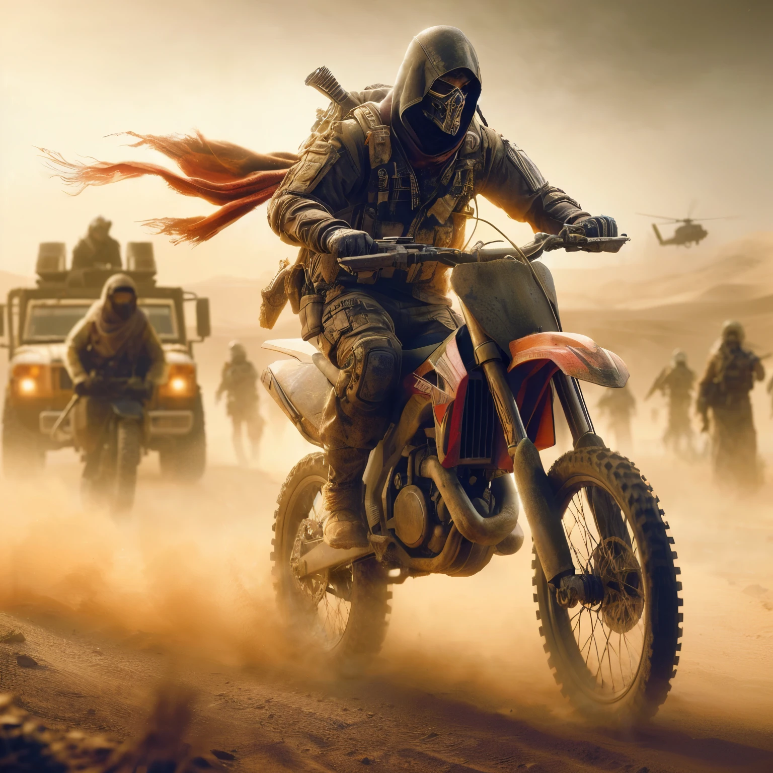 arafed image of a man riding a dirt bike in the desert, epic sandstorm battle, ( apocalyptic ) 8 k, desert game, sandstorm, hq 4k wallpaper, apocalyptic 8 k, apocalyptic 8k, game key art, mad max dust storm, battlefield backround, during sandstorm, 3 d octane cycle unreal engine 5