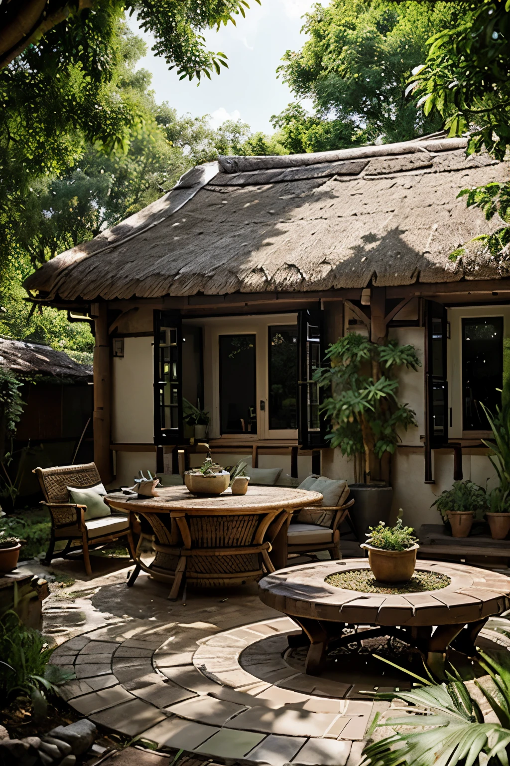 A thatched cottage in the middle of green trees, surrounded by pots and tables made in the style of bamboo, in an outdoor area with a brick floor tile. The walls feature mud plastering and window frames crafted using tree trunks. It has natural light coming through, creating a warm atmosphere.