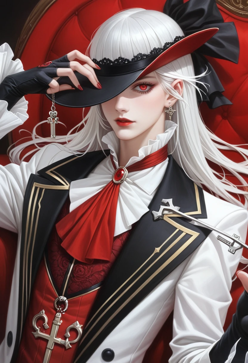 anime character with long white hair and wearing a black and red suit, alucard, beautiful androgynous prince, i vampire, anime key art, detailed anime key art, Machiavellian puppeteer, delicate androgynous prince, of frontline girls, elegant anime key visual, androgynous vampire, Arte Zerochan, Detailed anime character art, casimir art