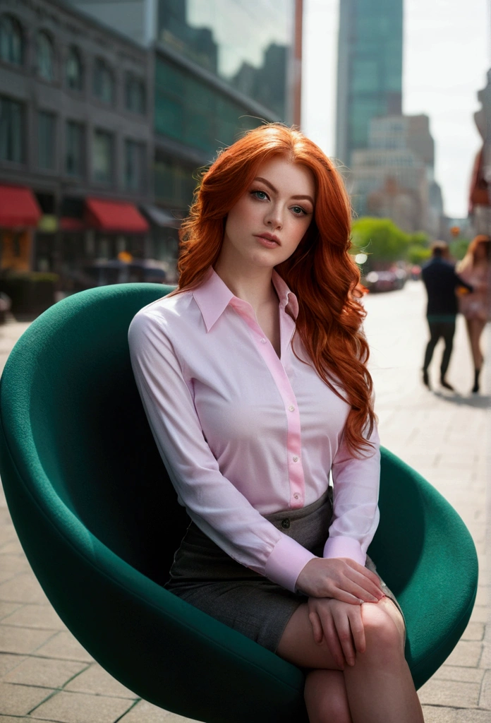 proffesional, (4k photo:1.1) by (Jeremy Lipking:0.3), (anna dittman:0.3), (arian mark:0.3), (sharp focus:1.3), high détail, exhausting (tight shirt:1.2), beautifull detailed face, An attractive woman with long red hair looks at the camera, similar to actress Katherine McNamara., Panasonic Lumix S Pro 50mm F/1.4, Anne Stokes, splash of color, dark orange and dark emerald, ferrania p30, photo realist, (attractive young woman:1.3), (seducer:1.1), (blush:1.1), Formato corbyal curvilíneo, big round breasts, wide chairs, in the city background, taking selfie, exhausting jumper