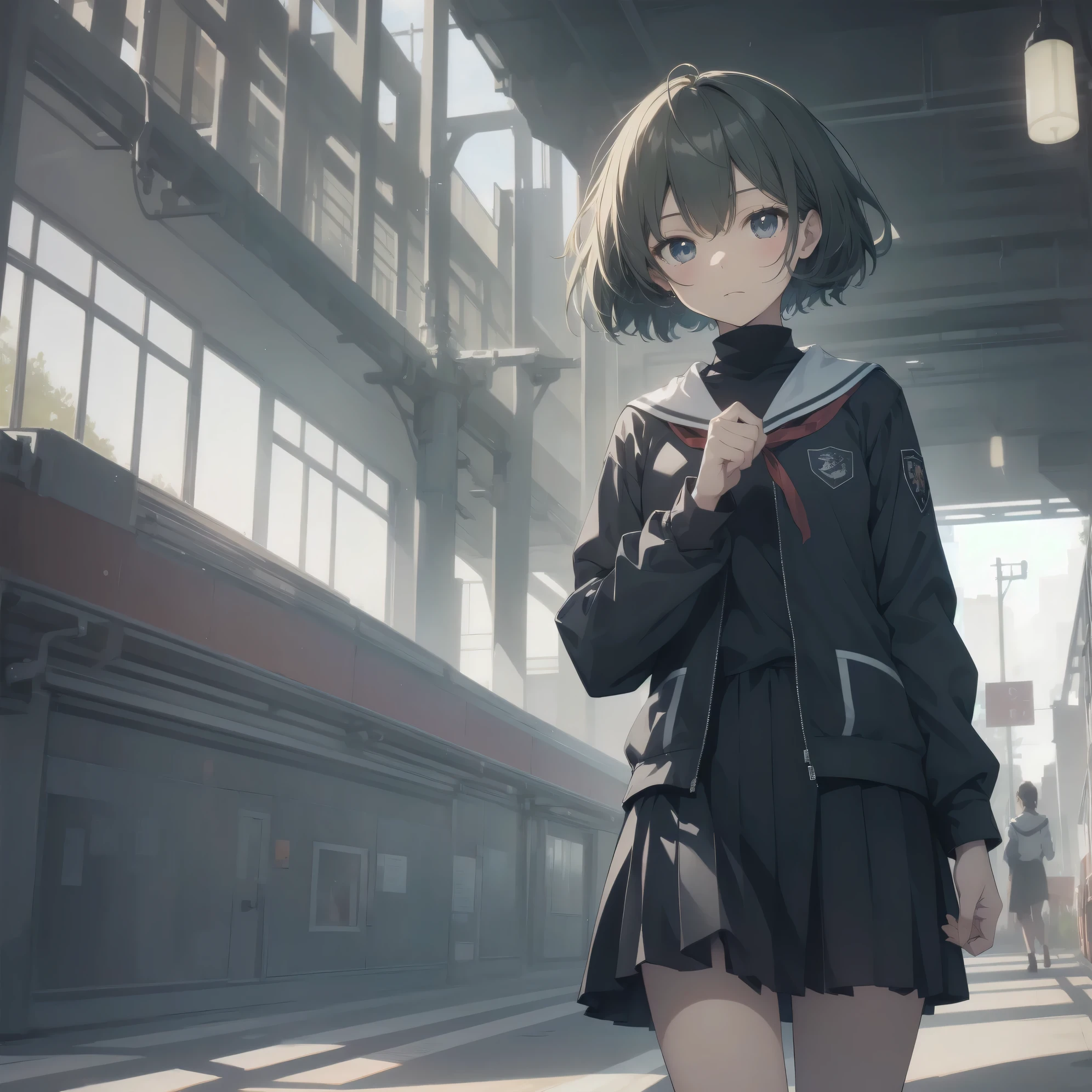 ultra-absurdres-Top quality by artist God, ultra-detailed, high resolution, anime moe artstyle, best anime 8k konachan wallpaper, pixiv contest winner, pool:2810, perfect anatomy,break, 1girl, (Please draw a girl walking sleepily to school alone. )break,(Solo,little female, 13-year-old:1.3),Full limbs, complete fingers,a junior high school student, (very short hair), short cut, flat chest, , small butt, small black eyes, beautiful detailed eyes, well-proportioned iris and pupils, expressive eyes, highres detailed hair, soft expression, salor school_uniform, sailor collar, serahuku, bow, pleated skirt,(Detailed Lighting), (Detailed background), in the School commute route. break,super detailed skin, Best cinematic lighting powered by famous artist, 8k,beauty illustration,photoshop_(medium),very aesthetic,break,((artist:fujima_takuya )), artist:clamp ,artist:carnelian ,artist:kantoku ,