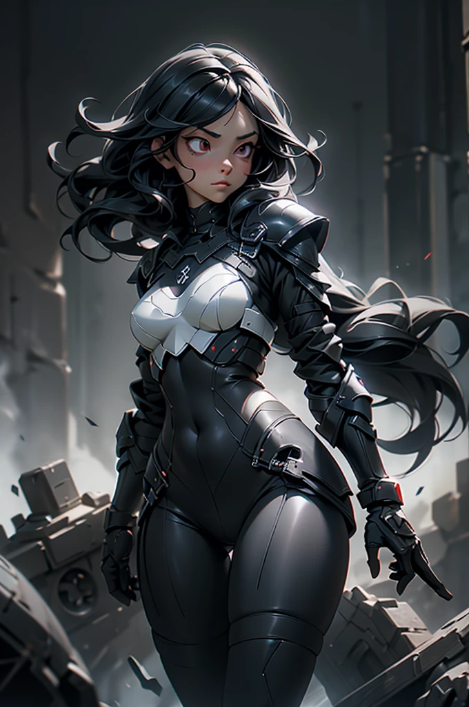 Dark-haired Scandinavian girl wearing half-plate armor and a frilly skirt over a skin-tight black bodysuit, (Long black hair:1.4), Red eyes,Attractive breasts、High resolution (High Dynamic Range), Ray Tracing, NVIDIA, Super Resolution, Scattered under the surface, Anisotropic Filtering, Written boundary depth ,Maximum clarity and sharpness, Surface Shading, Two-tone lighting