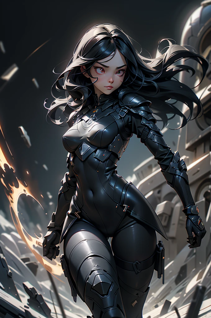 Dark-haired Scandinavian girl wearing half-plate armor and a frilly skirt over a skin-tight black bodysuit, (Long black hair:1.4), Red eyes,Attractive breasts、High resolution (High Dynamic Range), Ray Tracing, NVIDIA, Super Resolution, Scattered under the surface, Anisotropic Filtering, Written boundary depth ,Maximum clarity and sharpness, Surface Shading, Two-tone lighting