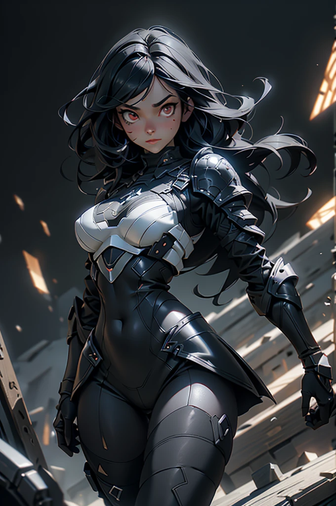 Dark-haired Scandinavian girl wearing half-plate armor and a frilly skirt over a skin-tight black bodysuit, (Long black hair:1.4), Red eyes,Attractive breasts、High resolution (High Dynamic Range), Ray Tracing, NVIDIA, Super Resolution, Scattered under the surface, Anisotropic Filtering, Written boundary depth ,Maximum clarity and sharpness, Surface Shading, Two-tone lighting