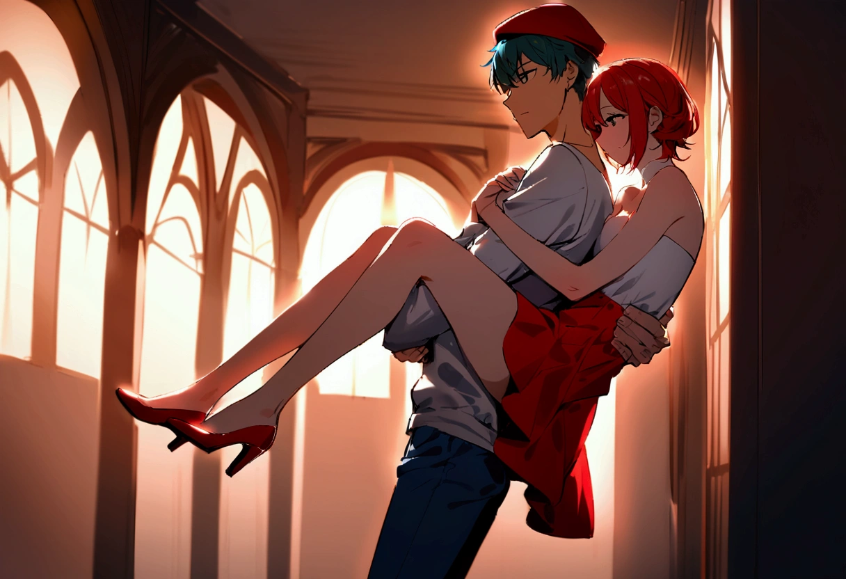 a teenage boy with black eyes and cyan hair with a red cap wearing a white t-shirt with blue pants carrying a cute teenage girl with black eyes and red hair wearing a strapless little red heart-shaped dress that goes down to her thigh with red heels in her arms