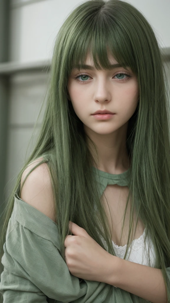 a European girl. delicate facial features. half-closed eyes. green eyes. long straight hairstyle. messy hair. green hair. Sad. straight face