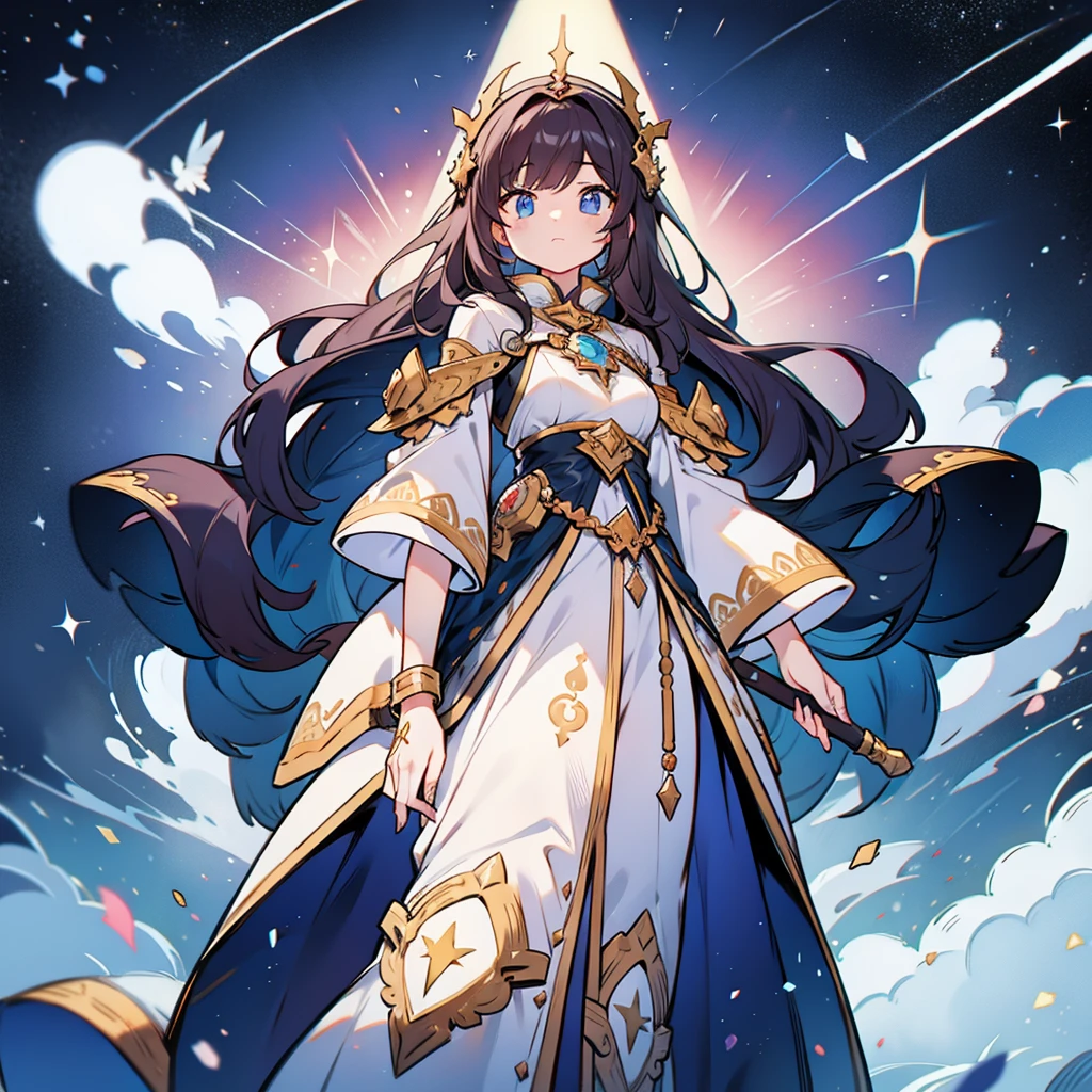 Young woman, whole body, character design, goddess of space, mega detail, ditalized fantasy clothing, Itemized clothing, 8k, soft light, cloak with space, full length