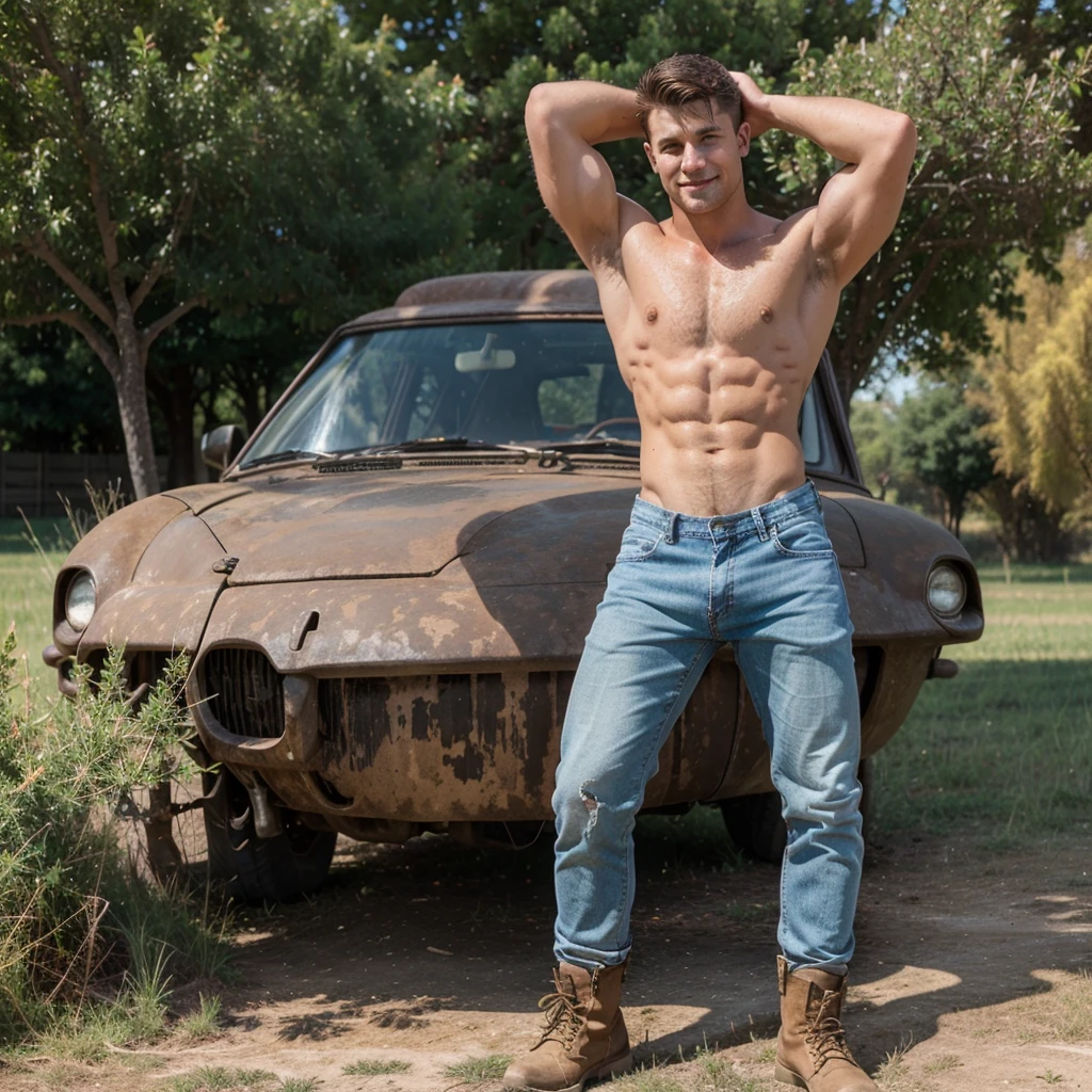 photorealestic, Full view. a boy, adorable, 24 years old, muscular, Good looking, Caucasian farmer with a very beautiful, chiseled jaw and chest, Big biceps, shaved, sandblondes Hair im Fade-Cut, Stubble, and blue eyes, with bare upper body, torn, dusty blue jeans with bulge, and brown work boots. he is sweating, and stand on a wide meadow on a hot summer afternoon, smile seductively into the camera.