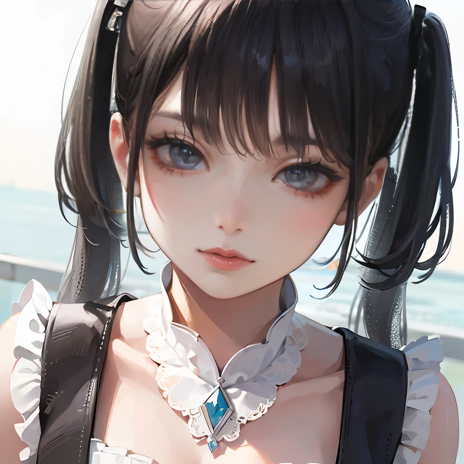 (8k, RAW Photos, Highest quality, masterpiece: 1.2), (Real、Photorealistic: 1.4), (Highly detailed 8K wallpapers), Very delicate and beautiful, Ultra-high resolution, 3d, A girl as cute as a doll, highly detailed dress, Twin tails, Blunt bangs, Lustrous black hair, Transparent white skin, large, round eyes, Thin lips, round face, From above, Looking at the camera, The best light, Perfect composition,