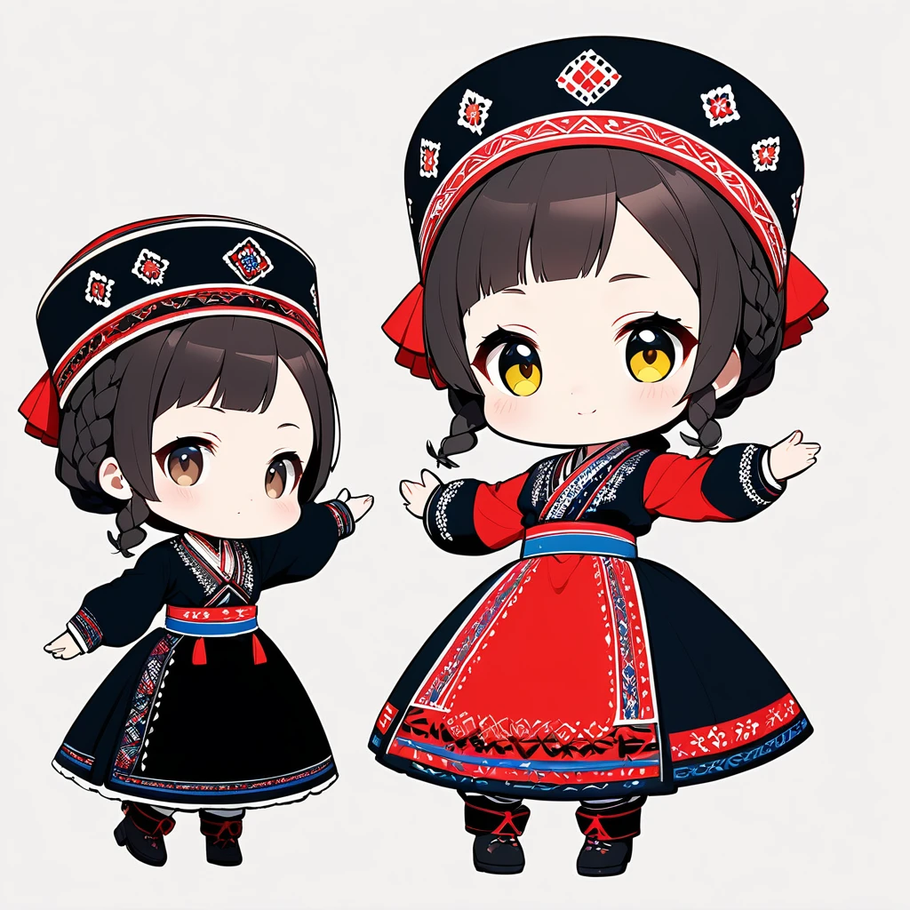 ultra-small deformation, Chibi Cute, 1girl, solo, full body, cossack dance in Ukrainian traditional costume, High contrast and vivid color, simple background