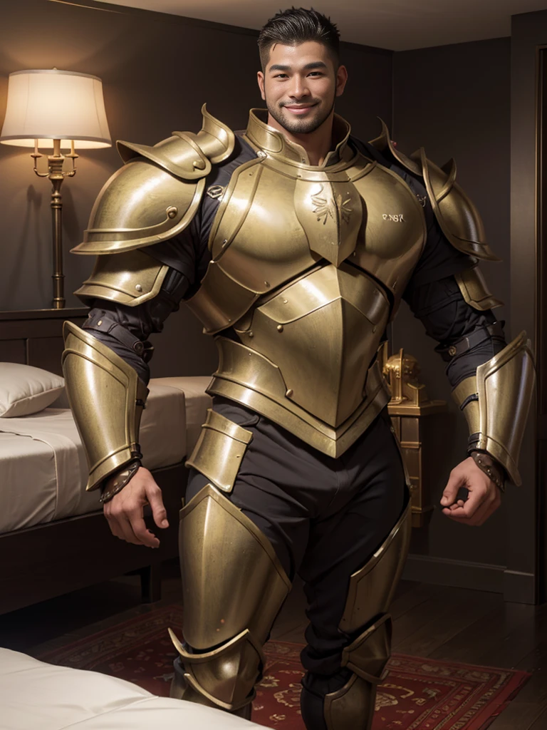 4k realistic, filipino man, tan skin, wearing full armor suit, medieval, naked, big , sticking out, muscular, hairy,, full-body shot,