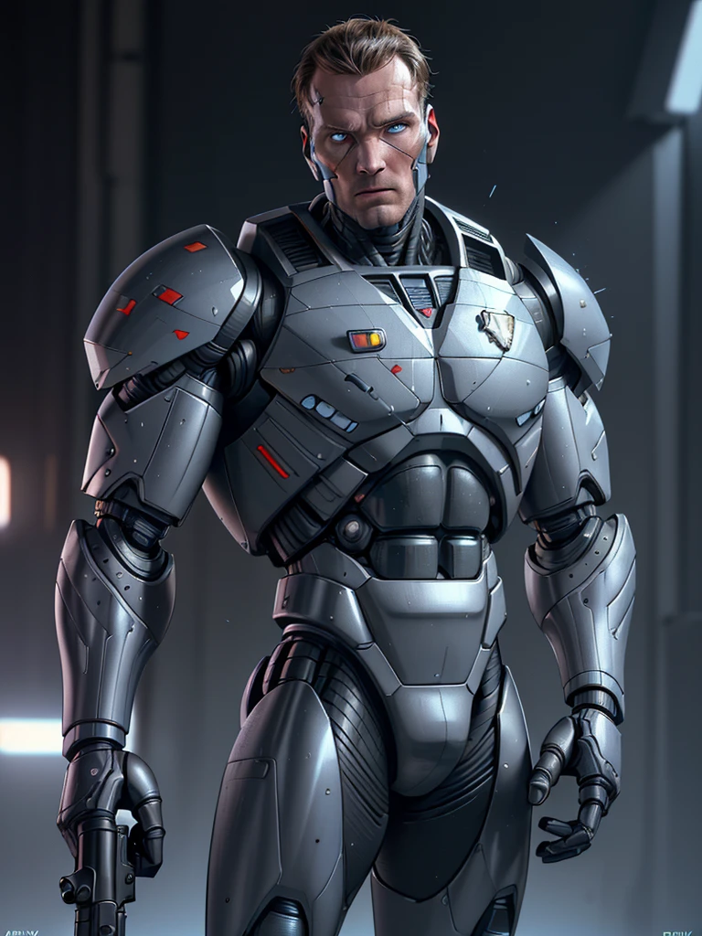 (((textured skin, accurate, uhd, high details, 8k))), One man, ((Robocop, In 1987, Alex Murphy, cyborg)), ((The face below the nose is flesh)), ((Holding a gun:1.3)), ((The heart is visible:1.3))