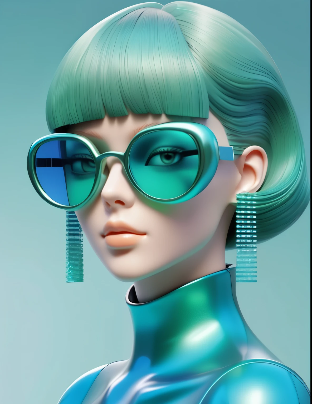 3D illustration of the upper body and face of an artificial intelligence model wearing futuristic glasses, Stylish sunglasses，Gradient Background, Pastel Color Palette, Blue Green, Simplicity, Cold metal texture, Surrealism, Earrings, Perm