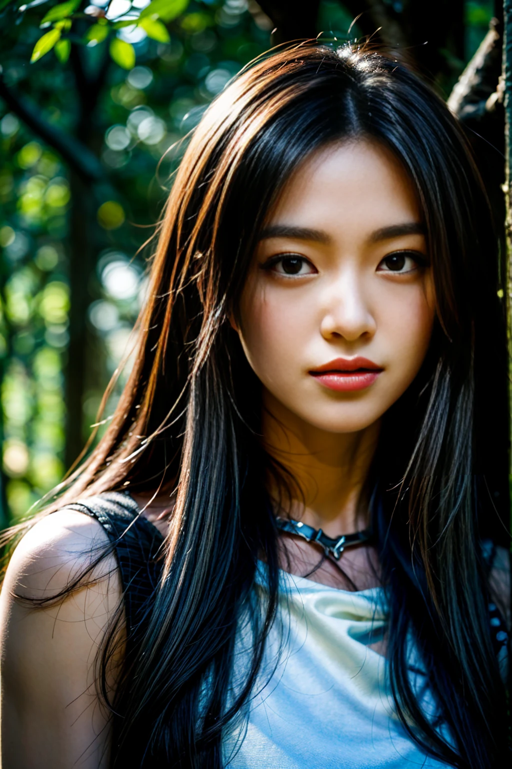 Prompt: ((best quality)), ((masterpiece)), (detailed), perfect face, silver hair, black eyes, lips, assassin's sexy clothes, realistic, 30 years old, Asian, perfect body, perfect hands, mythology creature, in the forest, full body potrait