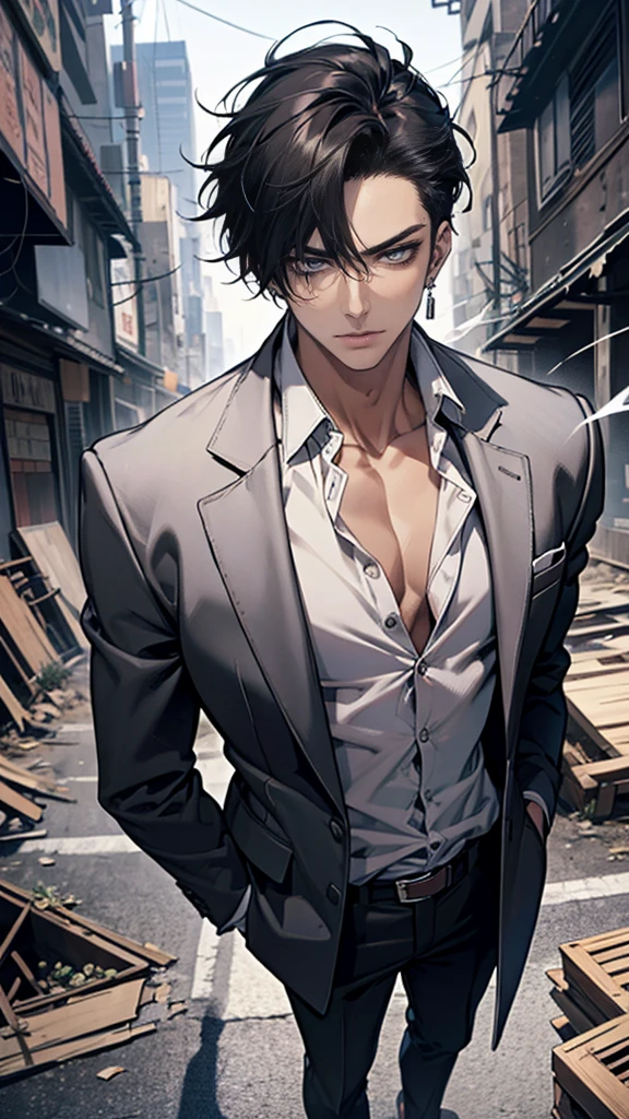 (masterpiece, best quality, highres, ultra-detailed), 1man, male focus, spiky black hair, grey eyes, handsome, detailed eyes and face, male body, earrings, ear piercing, unbuttoned black blazer, white shirt, trousers, bare collarbones, chain necklace, city slums background, by amano akira, full body, cigarette, cigarette smoke, guy smoking,1guy, masterpiece