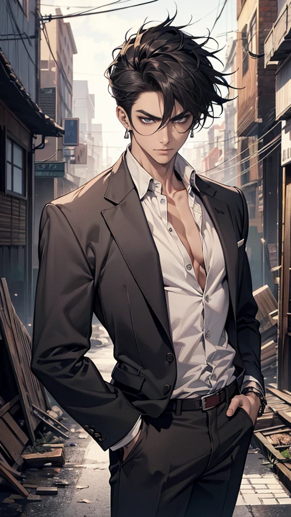 (masterpiece, best quality, highres, ultra-detailed), 1man, male focus, spiky black hair, grey eyes, handsome, detailed eyes and face, male body, earrings, ear piercing, unbuttoned black blazer, white shirt, trousers, bare collarbones, chain necklace, city slums background, by amano akira, full body, cigarette, cigarette smoke, guy smoking,1guy, masterpiece