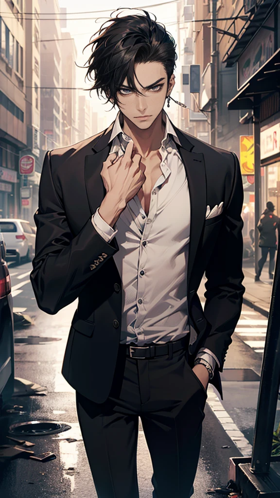 (masterpiece, best quality, highres, ultra-detailed), 1man, male focus, spiky black hair, grey eyes, handsome, detailed eyes and face, male body, earrings, ear piercing, unbuttoned black blazer, white shirt, trousers, bare collarbones, chain necklace, city slums background, by amano akira, full body, cigarette, cigarette smoke, guy smoking,1guy, masterpiece