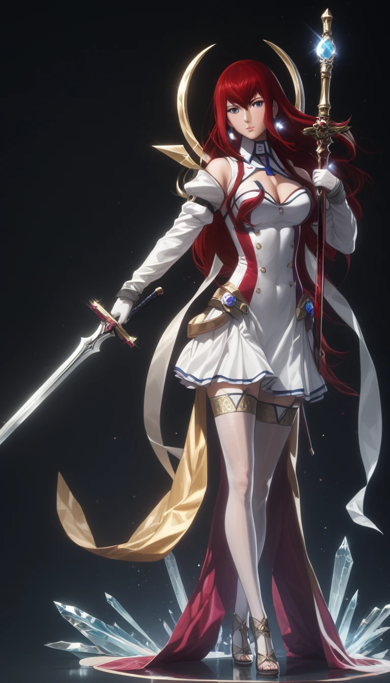 (asura art style:0.7), (hero neisan art style:0.7), score_9, score_8_up, score_7_up, score_6_up, makise kurisu, red hair, long hair, dark-blue eyes, black pupils, BREAK (masterpiece:1.2), best quality, high resolution, (beautiful detailed eyes:1.3), perfect lighting, (perfect hands, perfect anatomy), 1girl, weapon, sword, thighhighs, solo, full_body, standing, dress, holding_weapon, gloves, holding, short_dress, looking_at_viewer, earrings, cleavage, white_legwear, magic, crystal, shimmering light,
