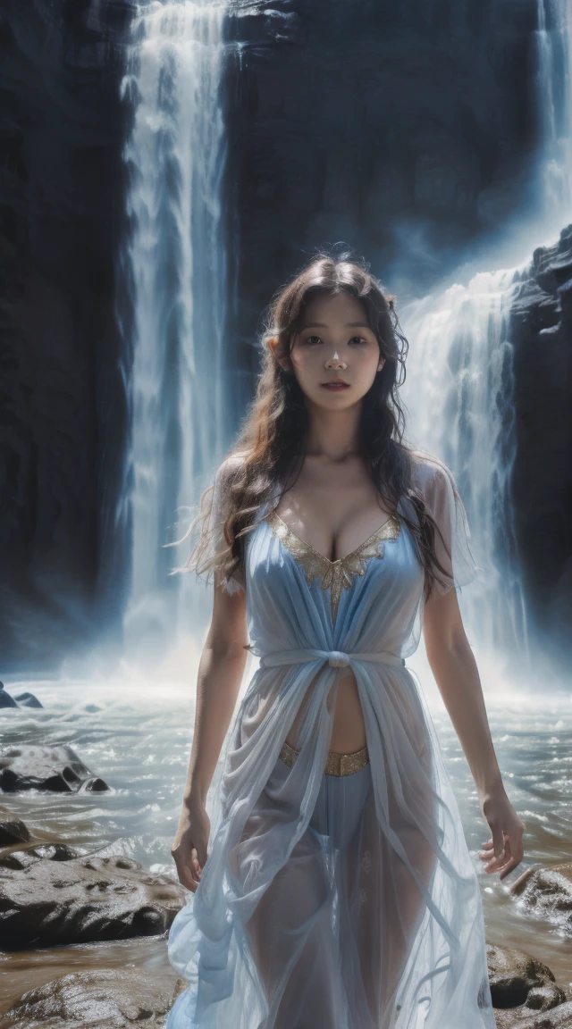minamoto shizuka, Best quality, ultra-high-detailed, in a seductive pose. Detailed face, detailed full body, big breast, curvy ass, oily skin, symmetric face, cute, with a belly pin, ponytail hairstyle, blonde elf girl with long wavy hair and blue eyes, pussy cameltoe in a blue long see through sheer dress with gold embroidery, top stripped at breast making her breast naked, standing in front of a waterfall in a dense forest, butterflies flying around her, enjoing the nature, solo, wind blowing lift ups her sheer and her pussy is visible