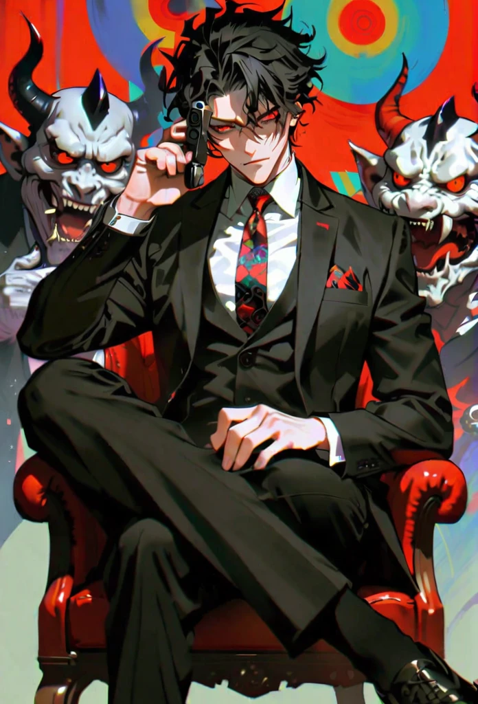 Style 12,Style 6,1 boy,pistol,Target the audience,sitting,black hair,suit,legs crossed,tie,formal,Red eyes,demon