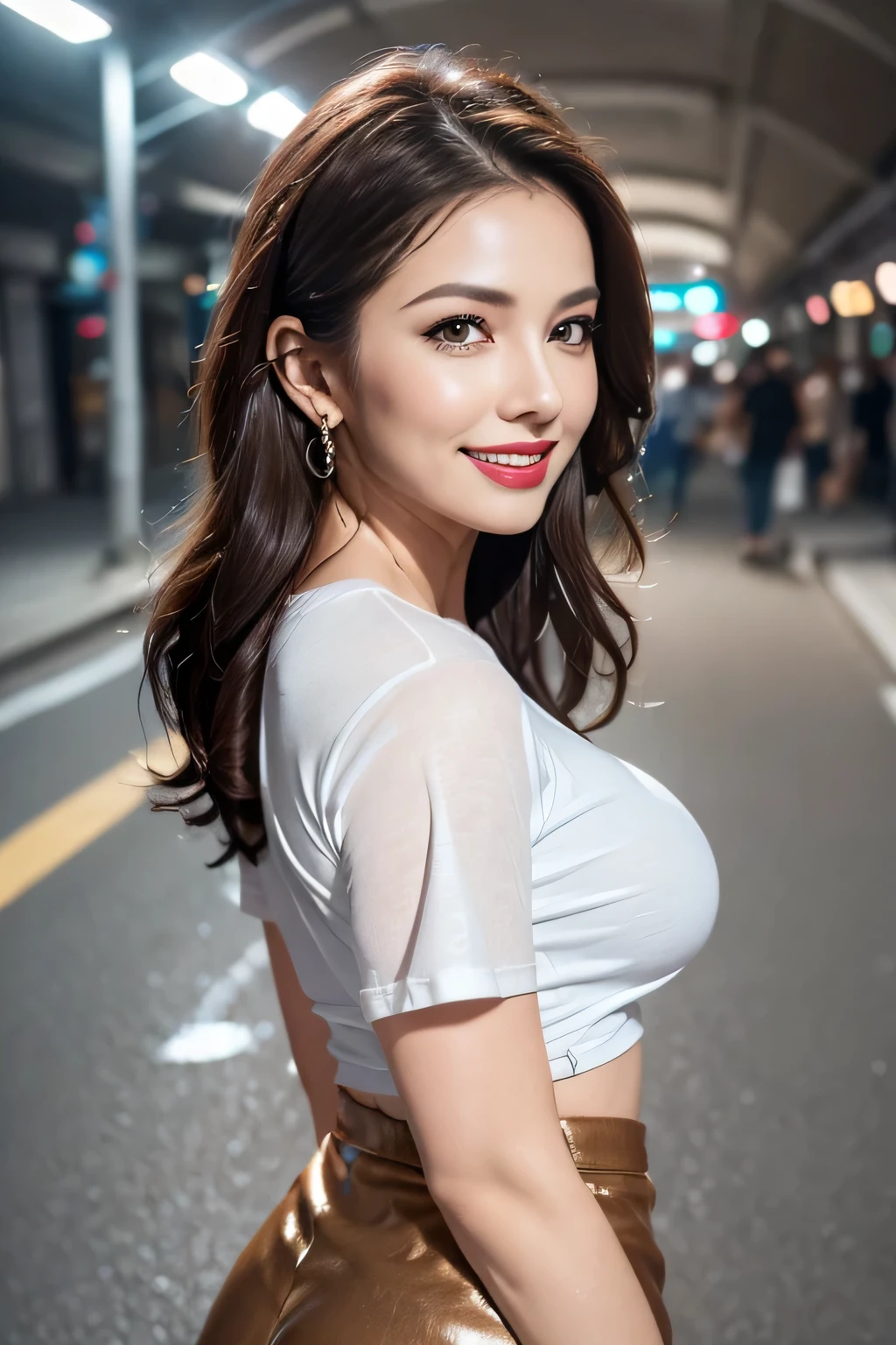 (8k, RAW Photos, Highest quality, masterpiece, Realistic, Realistic), (1 female), (The ultimate beautiful middle-aged woman), Highly detailed face, (Perfect Teeth), Beautiful Eyes, double eyelid, eyelash, smile, Lip details, Brunette Bob,(Fascinating), The light shines on your face, Big Breasts, ((T-Shirts)), (Tight mini skirt), (background: underground), ((Written boundary depth))