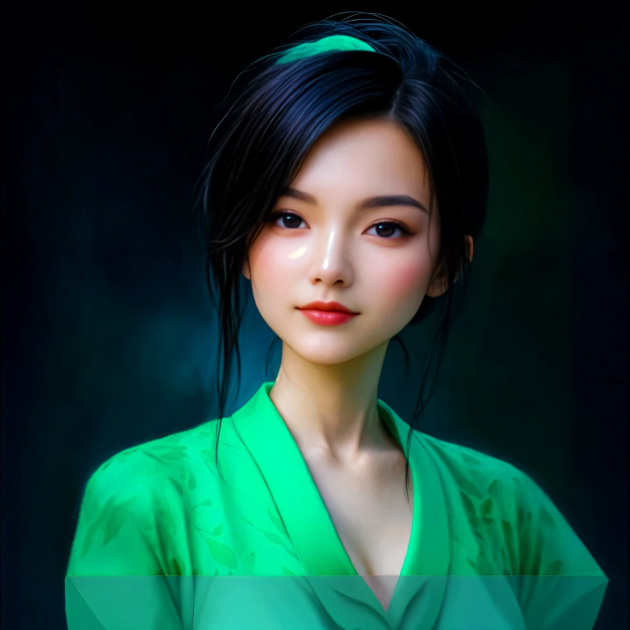 A stunning young woman, with features chiseled from Asian beauty standards, eyes reflecting the emerald green of surrounding bamboo forest, (Japanese retro), emphasizing the delicate contours of her face, beauty lush environment, Artist: Andreas Franke --ar 4:5 --s 180, chiaroscuro, motion lines, multiple monochrome, masterpiece, super detail, award winning, award winning, best quality --auto