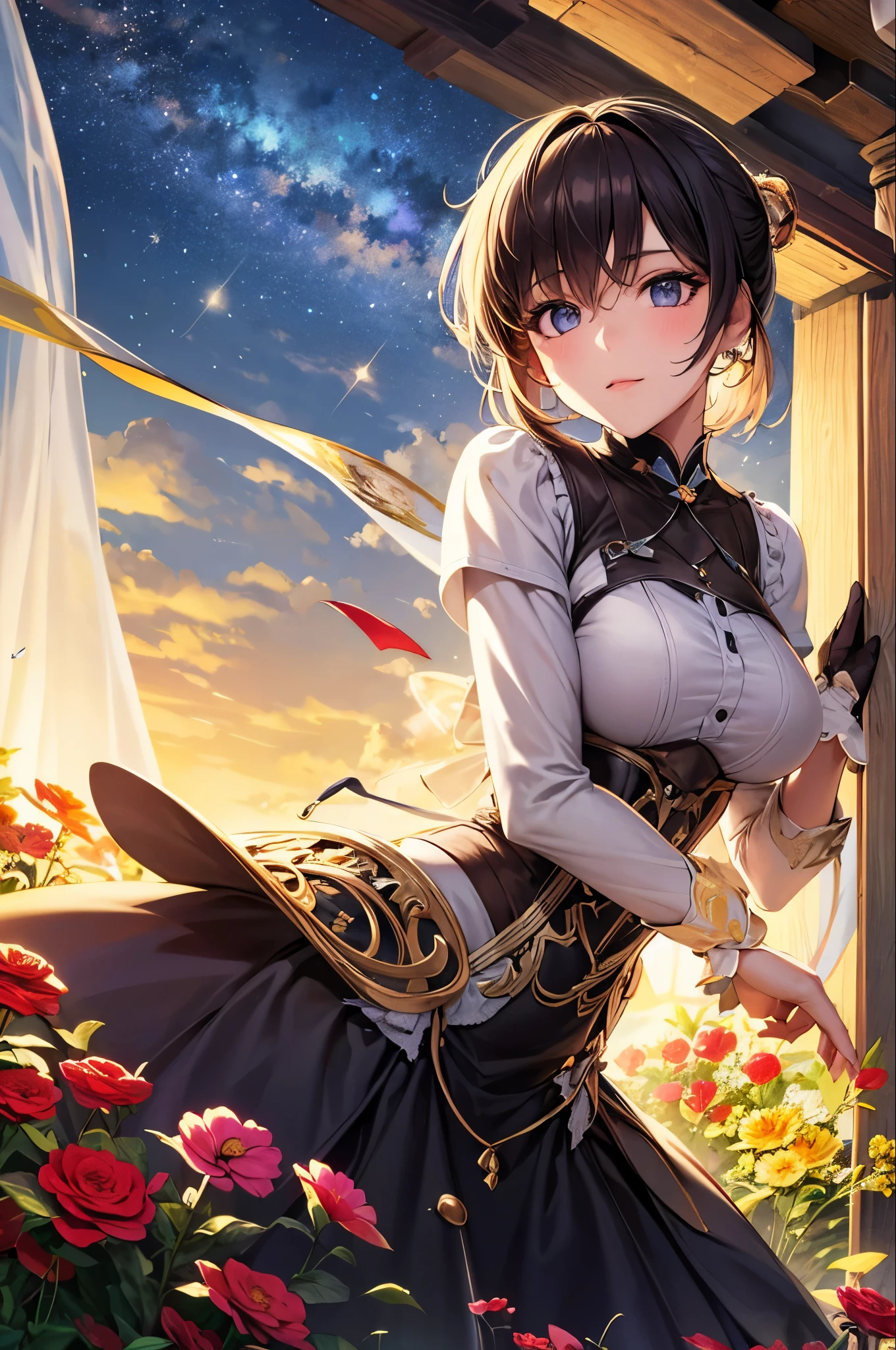 Highest quality, , Clear image, Detailed Background, girl, flower, garden, Starry Sky,