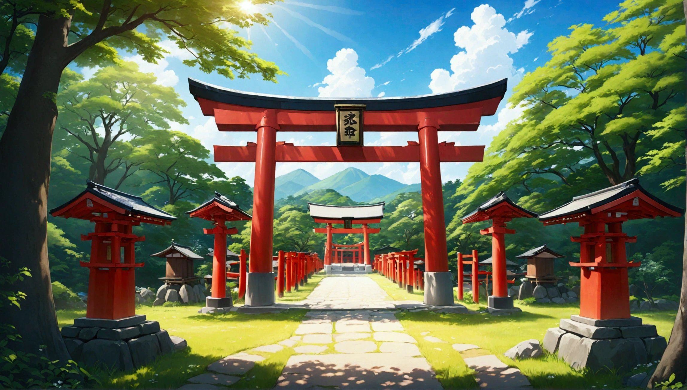 Japanese countryside,shrine,torii,Midsummer,sunny,Daytime,Highest quality, 8k, High resolution, masterpiece:1.2, Very detailed, Realistic:1.37, High resolution, 超High resolution, Very detailed, Professional, Vibrant colors