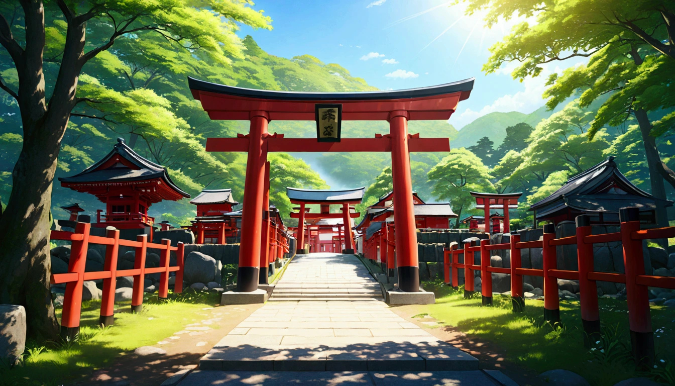 Japanese countryside,shrine,torii,Midsummer,sunny,Daytime,Highest quality, 8k, High resolution, masterpiece:1.2, Very detailed, Realistic:1.37, High resolution, 超High resolution, Very detailed, Professional, Vibrant colors