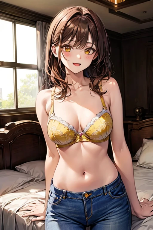 (((yellow bra))), Very detailed、highest quality、Best image quality、masterpiece、8k、Anime Face、A kind smile、Open Mouth、(brown middle hair:1.5)、big breast, sexy、 beautiful body 、Cowboy Shot, Sexual Intercourse, ((yellow eyes)), hotel bedroom, ((( Jeans)))