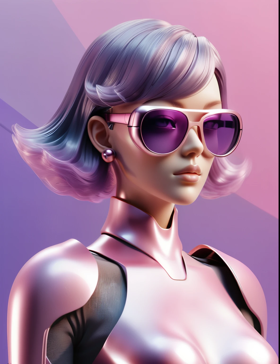 3D illustration of the upper body and face of an artificial intelligence model wearing futuristic glasses, Stylish sunglasses,Gradient Background, Pastel Color Palette, Purple-pink, Simplicity, Cold metal texture, Surrealism, Earrings, Perm