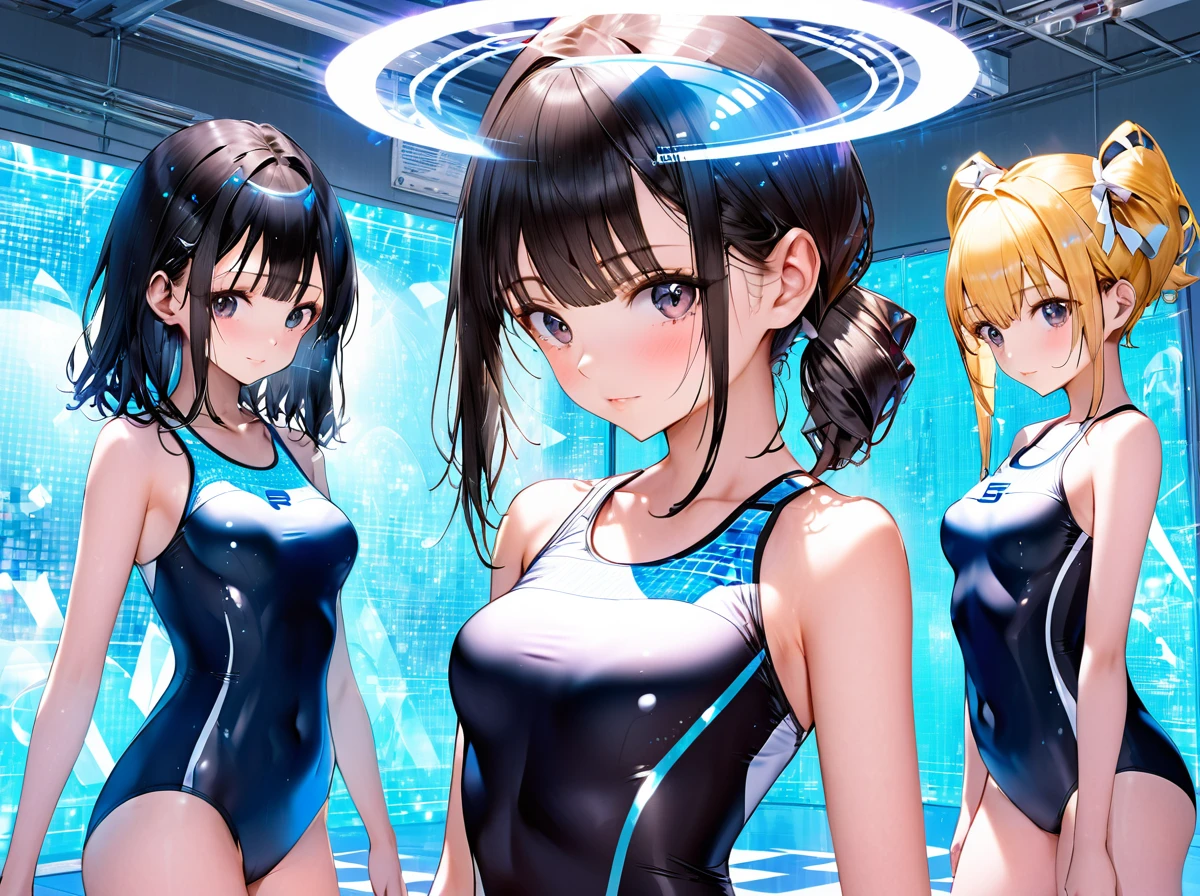 School swimsuit 3girls, cyber world, hologram,　School swimsuit, cyber world, Hologram, SF, gleaming, glamourous