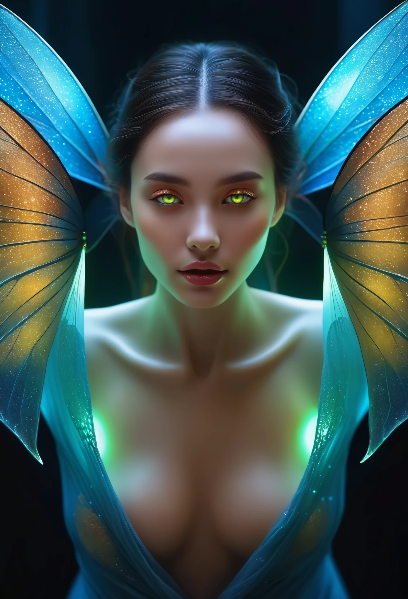 1 beautiful female alien girl emerging from a cocoon, detailed beautiful face like cute girl and body, from back, (glowing eyes, glowing skin:1.5), intricate organic details, translucent wings, symmetrical face, ethereal lighting, cinematic, vibrant colors, digital art, highly detailed, 8k, photorealistic, whole body, Floating in the air