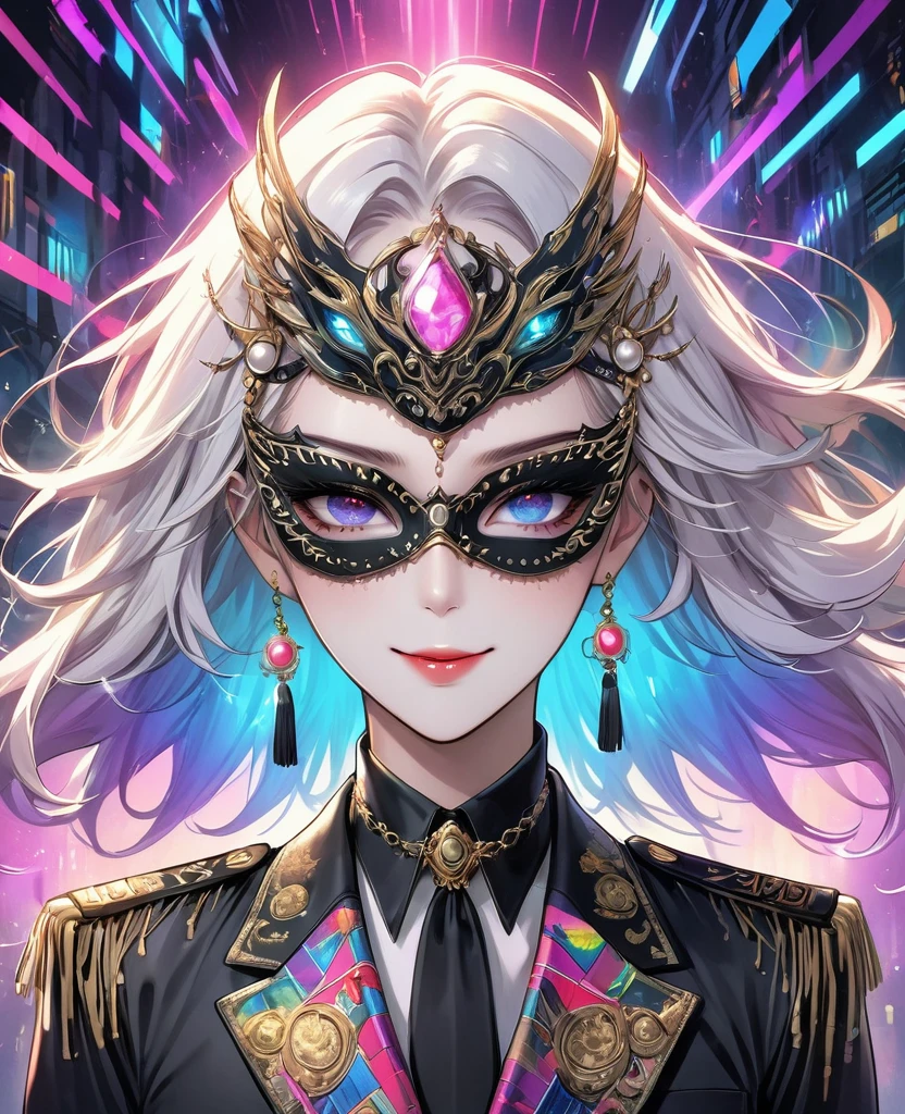 Digital Illustration, Detailed anime style, Heavy Metal Cyberpunk, Pearl tassel eye mask, Girl wearing eye mask, Perfect body, Queen aura, Big colorful eyes,Fashionable and exquisite facial features,Exquisite makeup, Smile, Soulful gaze, Black suit, Epaulettes-Chain, perfect human ???????, Radioactive geometric dynamic light wave background