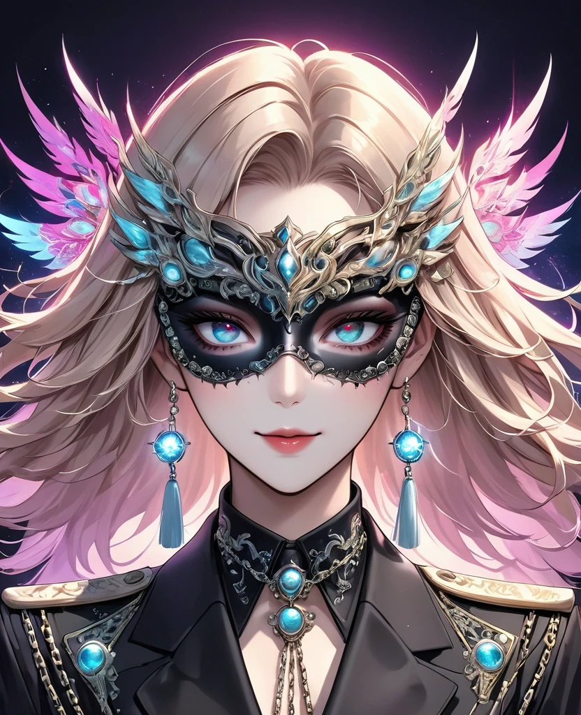 Digital Illustration, Detailed anime style, Heavy Metal Cyberpunk, Pearl tassel eye mask, Girl wearing eye mask, Perfect body, Queen aura, Big colorful eyes,Fashionable and exquisite facial features,Exquisite makeup, Smile, Soulful gaze, Black suit, Epaulettes-Chain, perfect human anatomy, Radioactive geometric dynamic light wave background