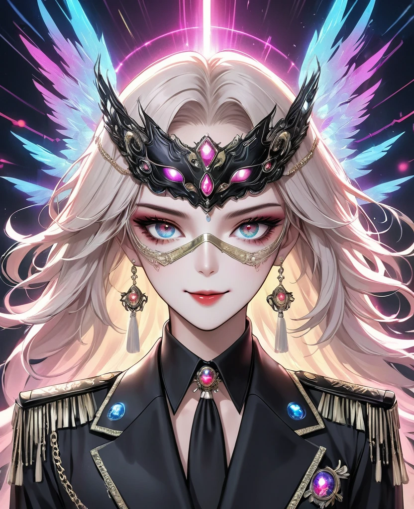 Digital Illustration, Detailed anime style, Heavy Metal Cyberpunk, Pearl tassel eye mask, Girl wearing eye mask, Perfect body, Queen aura, Big colorful eyes，Fashionable and exquisite facial features，Exquisite makeup, Smile, Soulful gaze, Black suit, Epaulettes-Chain, perfect human anatomy, Radioactive geometric dynamic light wave background