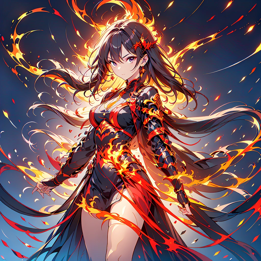 1girl,(((Highest quality、Masterpiece、Official Art、Super detailed、The best dynamic composition、Perfect Anatomy)))、Anime Style、Incarnation of Fire、Girl on Fire、He is accompanied by a fire dragon.、Fractal art of flames、Award-winning works、Holding a fireball in his hand、Serious face、Combat Ready、Cool pose、