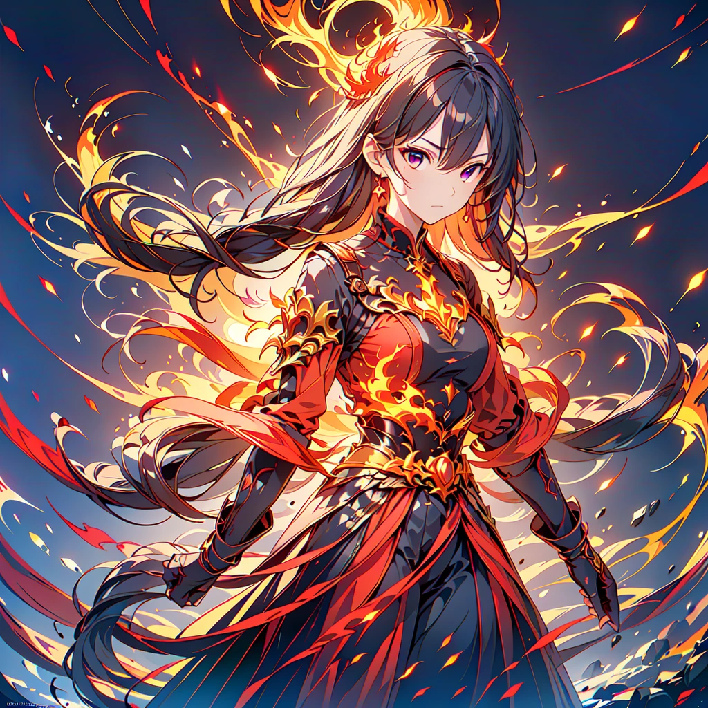 1girl,(((Highest quality、Masterpiece、Official Art、Super detailed、The best dynamic composition、Perfect Anatomy)))、Anime Style、Incarnation of Fire、Girl on Fire、He is accompanied by a fire dragon.、Fractal art of flames、Award-winning works、Holding a fireball in his hand、Serious face、Combat Ready、Cool pose、