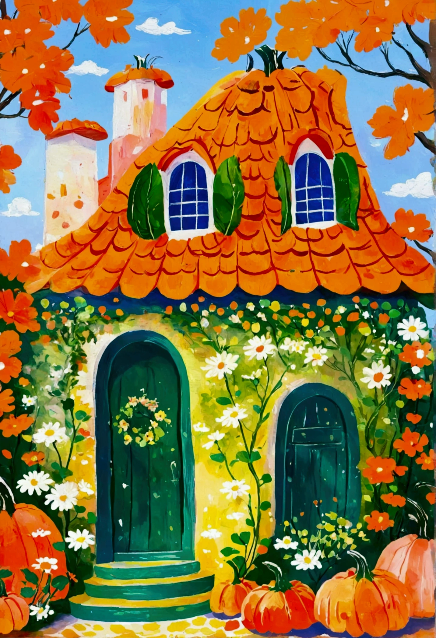 There is a painting，There is a pumpkin house in the painting，The door is green, Storybook illustration，author：Nil Gleyen, shutter, Childish Art, Full color illustrations, Pumpkin Farm Background, Whimsical Art, autumn, Florist, Hut, 2 5 6 x 2 5 6, 256x256, 森林里的女巫Hut