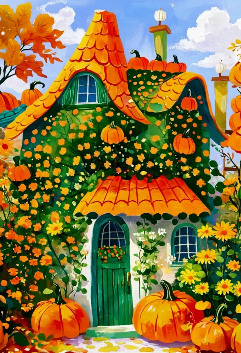 There is a painting，There is a pumpkin house in the painting，The door is green, Storybook illustration，author：Nil Gleyen, shutter, Childish Art, Full color illustrations, Pumpkin Farm Background, Whimsical Art, autumn, Florist, Hut, 2 5 6 x 2 5 6, 256x256, 森林里的女巫Hut