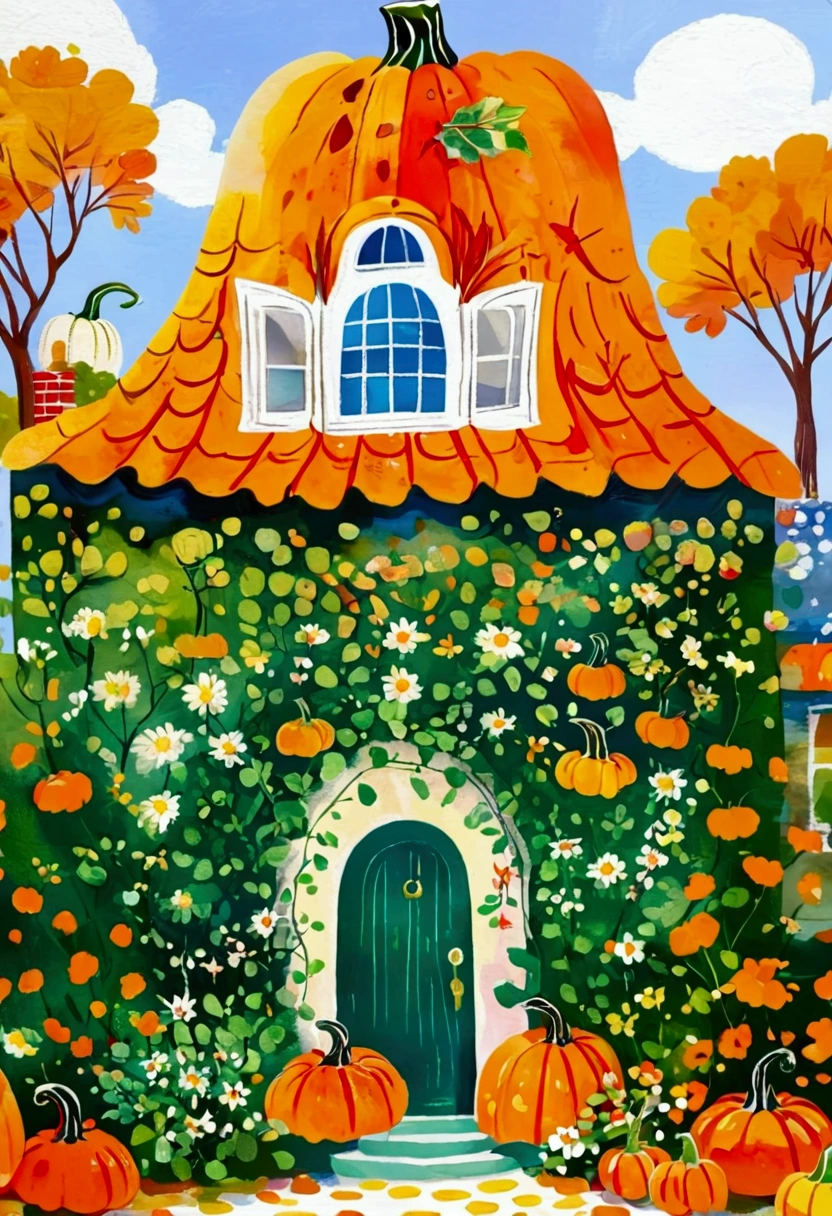 There is a painting,There is a pumpkin house in the painting,The door is green, author:Nil Gleyen, Full color illustrations, Pumpkin Farm Background, Whimsical Art, autumn, Florist, author:Helen Dahm, Hut, author:Elaine Hamilton (Elaine Hamilton), author:Francesco Starovsky, 2 5 6 x 2 5 6, author:Maximilian Vanka