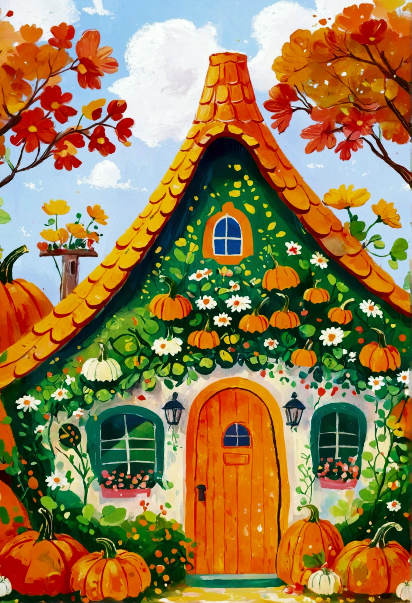 There is a painting,There is a pumpkin house in the painting,The door is green, Storybook illustration,author:Nil Gleyen, shutter, Childish Art, Full color illustrations, Pumpkin Farm Background, Whimsical Art, autumn, Florist, Hut, 2 5 6 x 2 5 6, 256x256, 森林里的女巫Hut