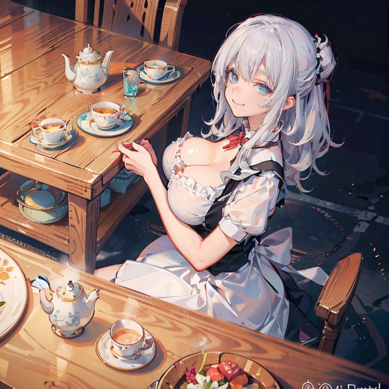 Anime Kawaii sexy Perfect Slim sensual body large breast and huge thighs, An intricate and highly detailed illustration of anime (Young girl) (Masterpiece, best quality), (ultra high resolution, 8K RAW photo, photo realistics:1.5, textile shading, thin outline), Beautuful Matured woman preparing tea-time, (tea set, tea pot, tea cups), wearing traditional sick maid uniform, maid costume:1.2, long flare skirts, apron, Tall and long legs, long white hair, wearing rimless grasses, (milf:1.5, 28 years old, solo), (large breast, sagging breast, big , narrow waist), (long white hair, hair over one eye, half updo, asymmetric hair, wavy hair), (bright pupils, detailed eyes, high detailed face, Perfect face shape, eye rush), (seductitve smiling, half-closing eyes), (looking at viewers:1.3), (dynamic angle, tighs focus, from side above:1.2), (correct anatomy:1.5, correct hands), (ideal ratio of body proportions),
