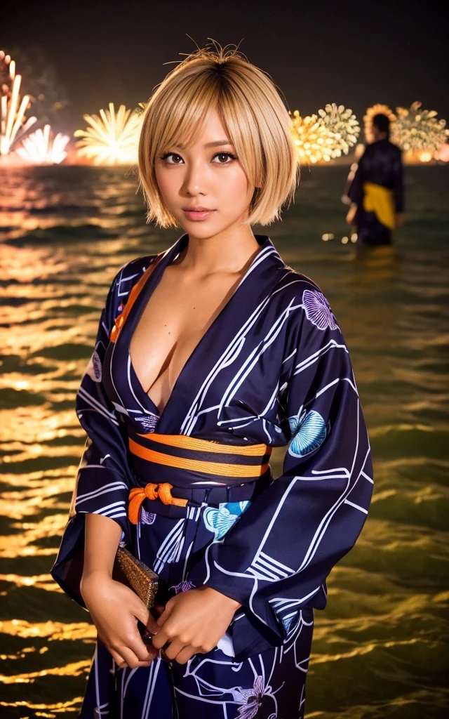 gyaru, dark-skinned, shiny oiled skin, blond hair, short cut hair, wearing vivid yukata, standing in the sea, dark-night, deep fog, orange lanthanum light, Fireworks Festival Venue, Fireworks in the background, cinematic lighting, full body shot