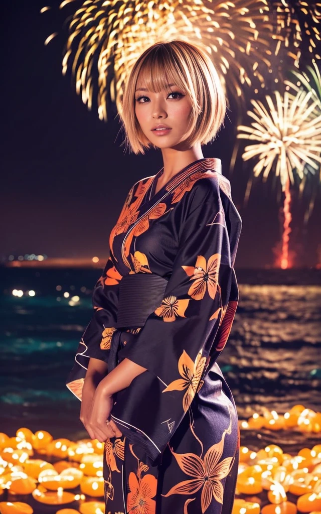 ass, gyaru, dark-skinned, shiny oiled skin, blond hair, wearing japanese kimono, standing on top of building , dark-night, deep fog, orange light, moonlight